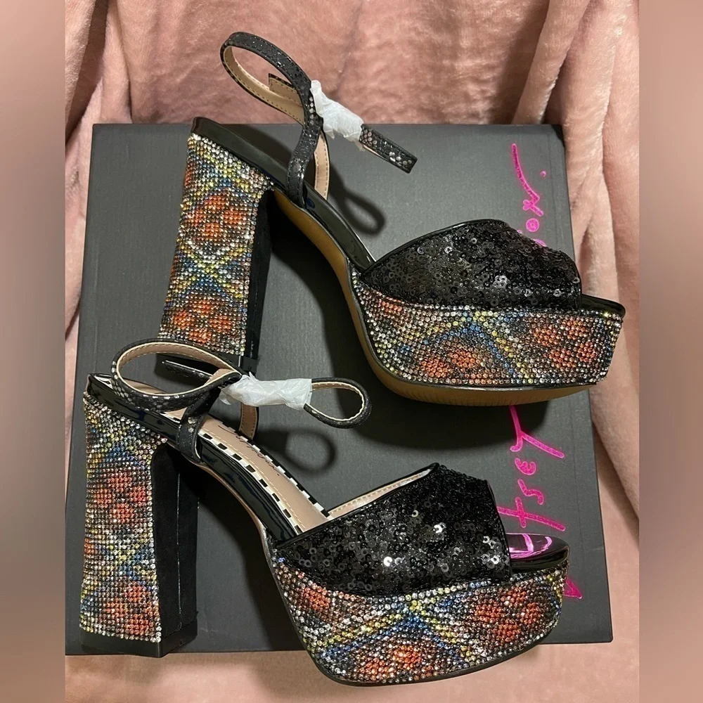 Betsey Johnson Alaia Black Plaid Sequin Crystal Platform Heels Sz. 6 BNIB